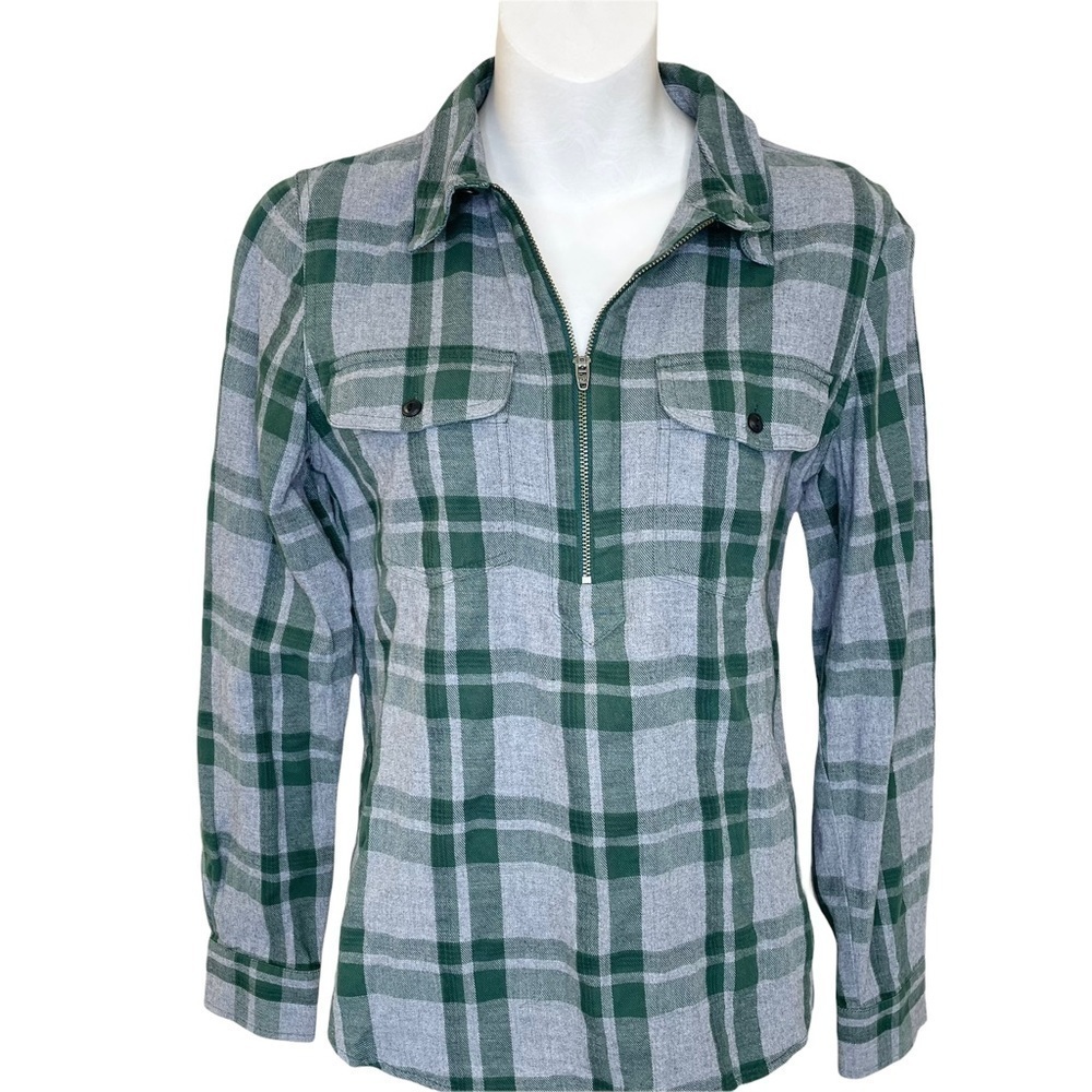 Madewell Green and Gray Plaid Flannel Quarter Zip Pullover Shirt Size Small
